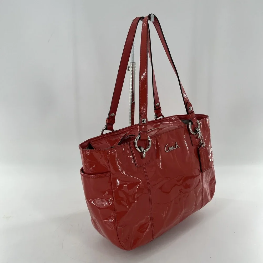 Coach Signature Embossed Patent Leather Coral Orange Satchel Tote Coral Orange